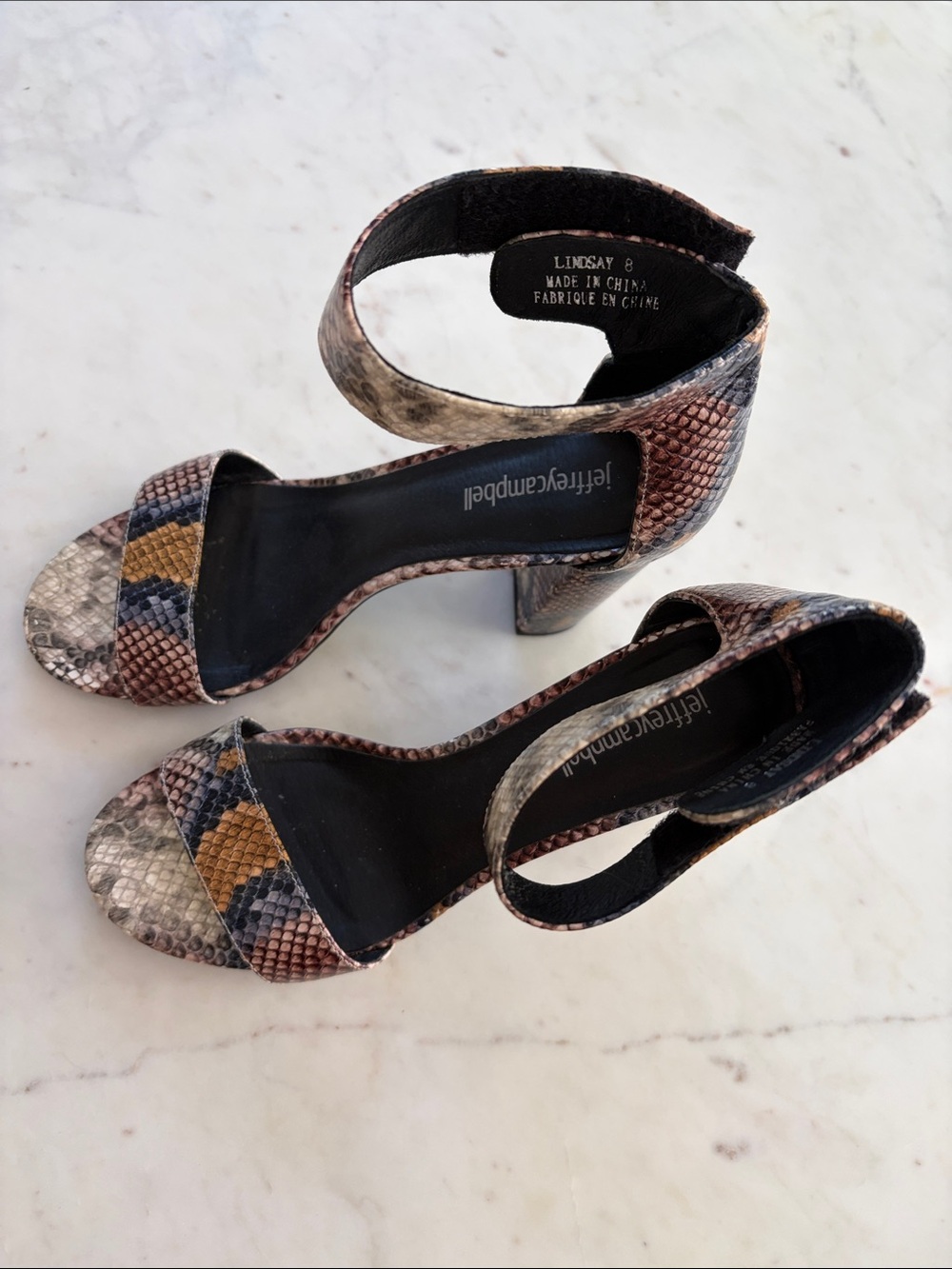 Jeffrey Campbell Snake-Print Ankle-Strap Heels in Brown and Tan